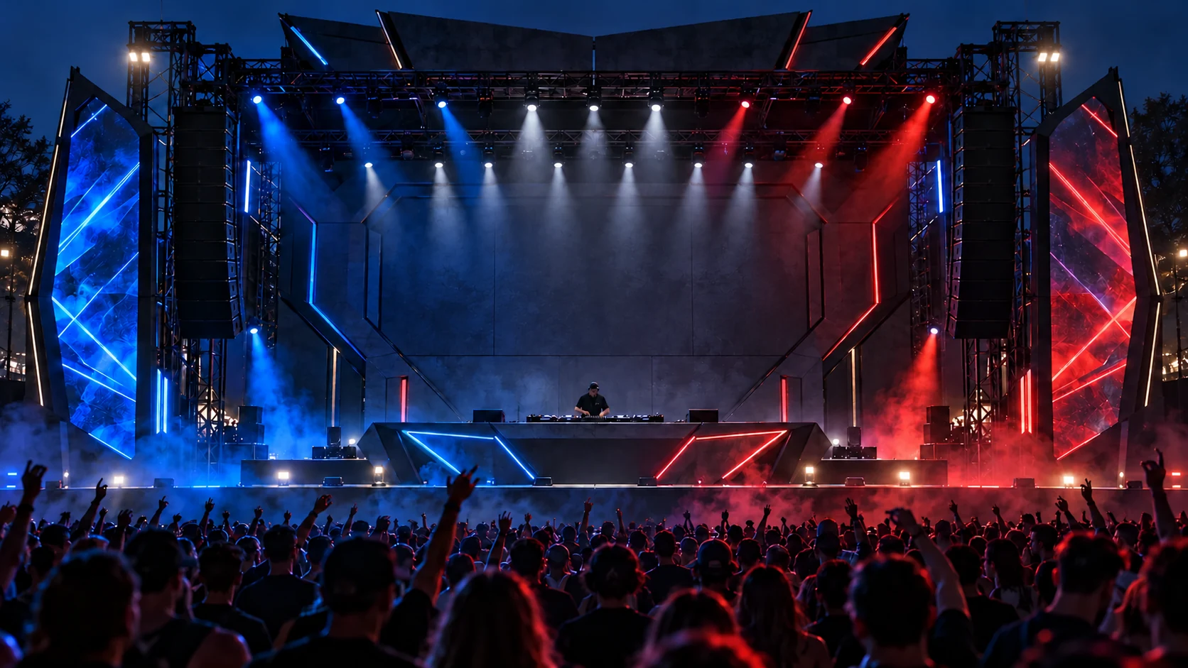 DJ Seç festival stage with blue and red lights